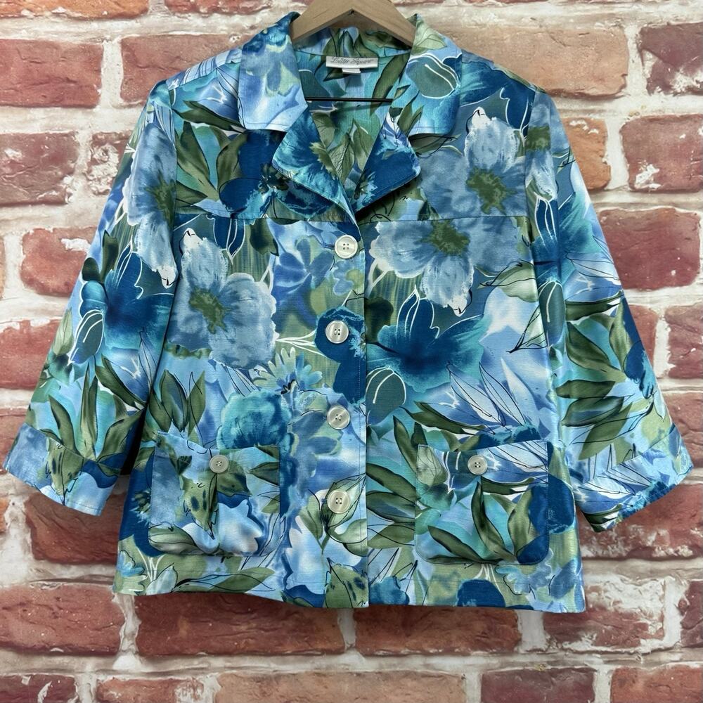 VTG Lester Square Shirt Jacket Women's Large Petite Blue Floral Button Front